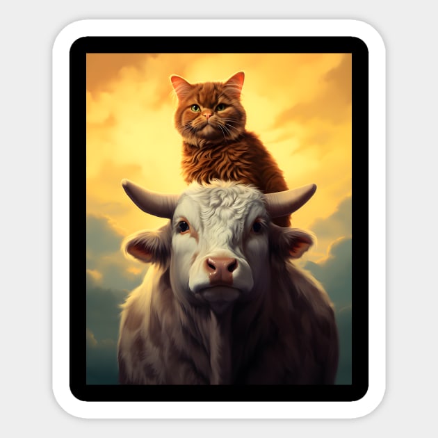 Feline Meets Bovine: Charming Cats and Cows Sticker by KittyStampedeCo